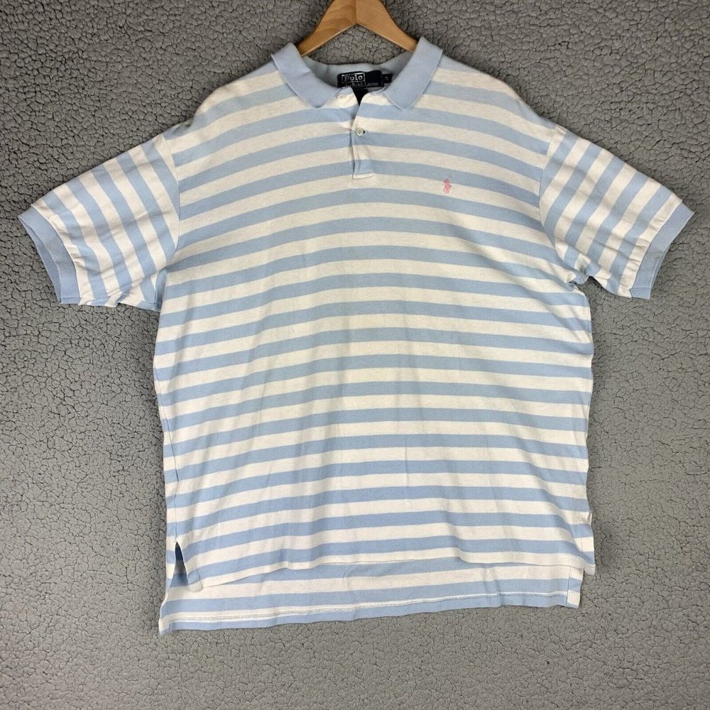 Vintage Polo Ralph Lauren Made In USA Blue White Striped XL Pink Pony Shirt READ